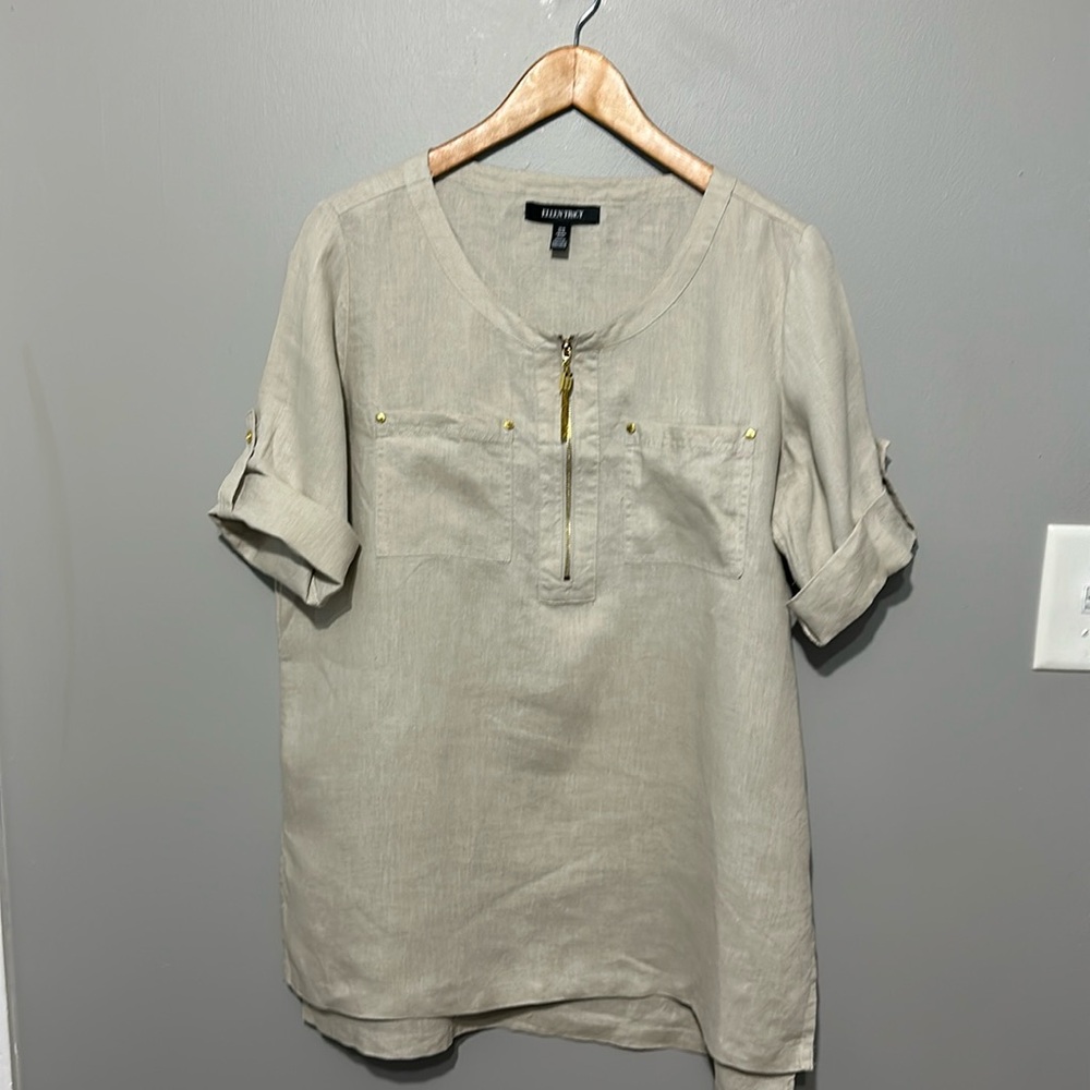 Ellen Tracy Linen Tunic Top Roll-Up Sleeves Tan Gold Embellishments M EUC!!